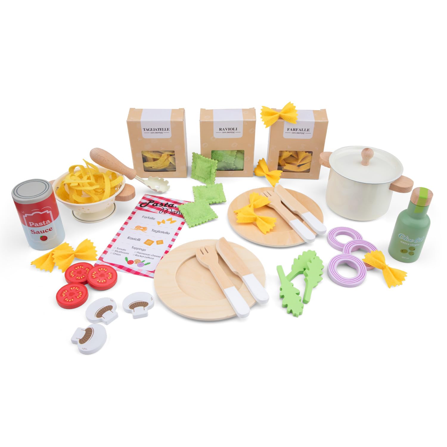 Woet Holz-Pasta-Kochset mit Spiellebensmitteln aus Filz
