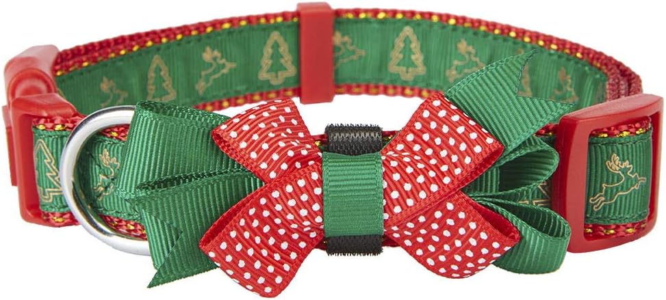 YUDOTE Christmas Dog Collar with Bowtie, Merry Christmas, Tree and Reindeer Printing, Neck 12"-19"