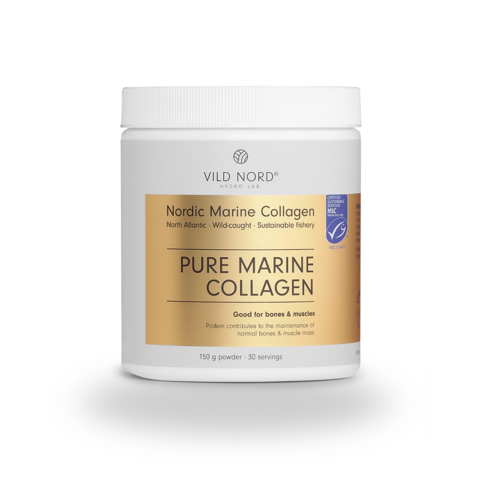 Vild Nord Collagene Marino Puro in Polvere – 150 g, 30 porzioni – Peptidi di collagene idrolizzato 100% Tipo I per pelle, muscoli, capelli, unghie, articolazioni e ossa