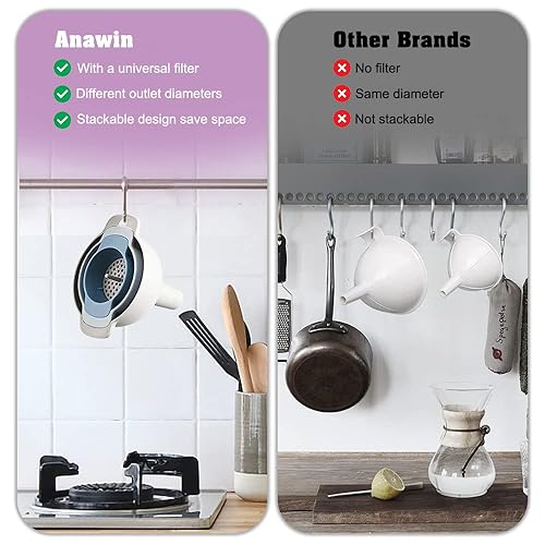 Miniatura 6 de Embudos de cocina 4 en 1 para llenar botellas, embudos de cocina con filtro de filtro desmontable, embudo de aceite de grado alimenticio sin BPA,