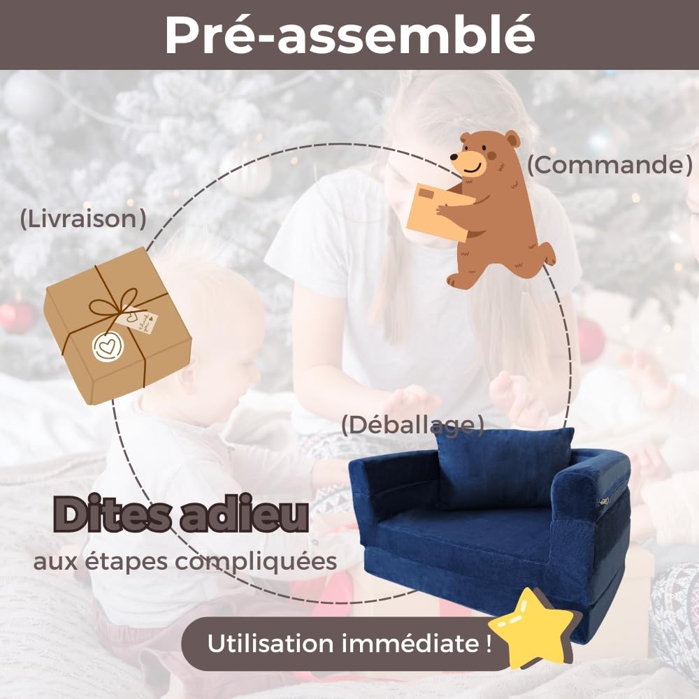 Canapé en Mousse pour Enfants avec Couverture & Oreiller, Sofa Convertible 3-en-1 Pré-assemblé pour Tout-petits, Chaise Pliable d'Intérieur & Lit de Sol Dépliable pour Garçons & Filles (Marine)
