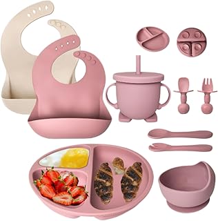 10 Pcs Baby Utensils – Silicone Baby Spoons and Forks for Self Feeding – Suction Plate - Anti-Choke Baby Feeding Supplies – Baby Led Weaning Set with 2 Bibs – Great Gift Set (Pink)