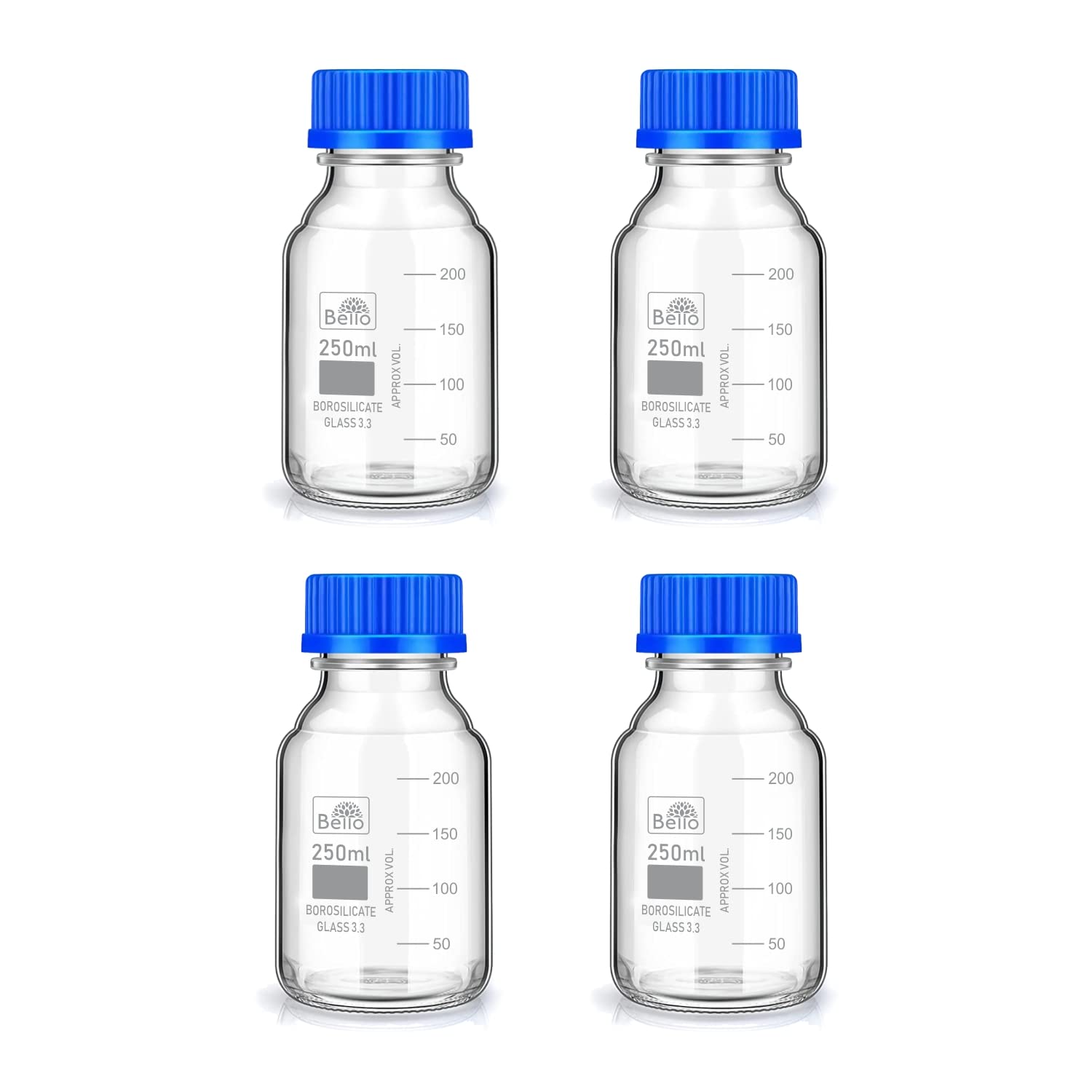 Bello Borosilicate Glass reagent bottle 250ml with leak proof Blue Screw Cap pack of 4 for glassware wide mouth chemical bottles for lab, laboratory, kitchen and professional use-image-34