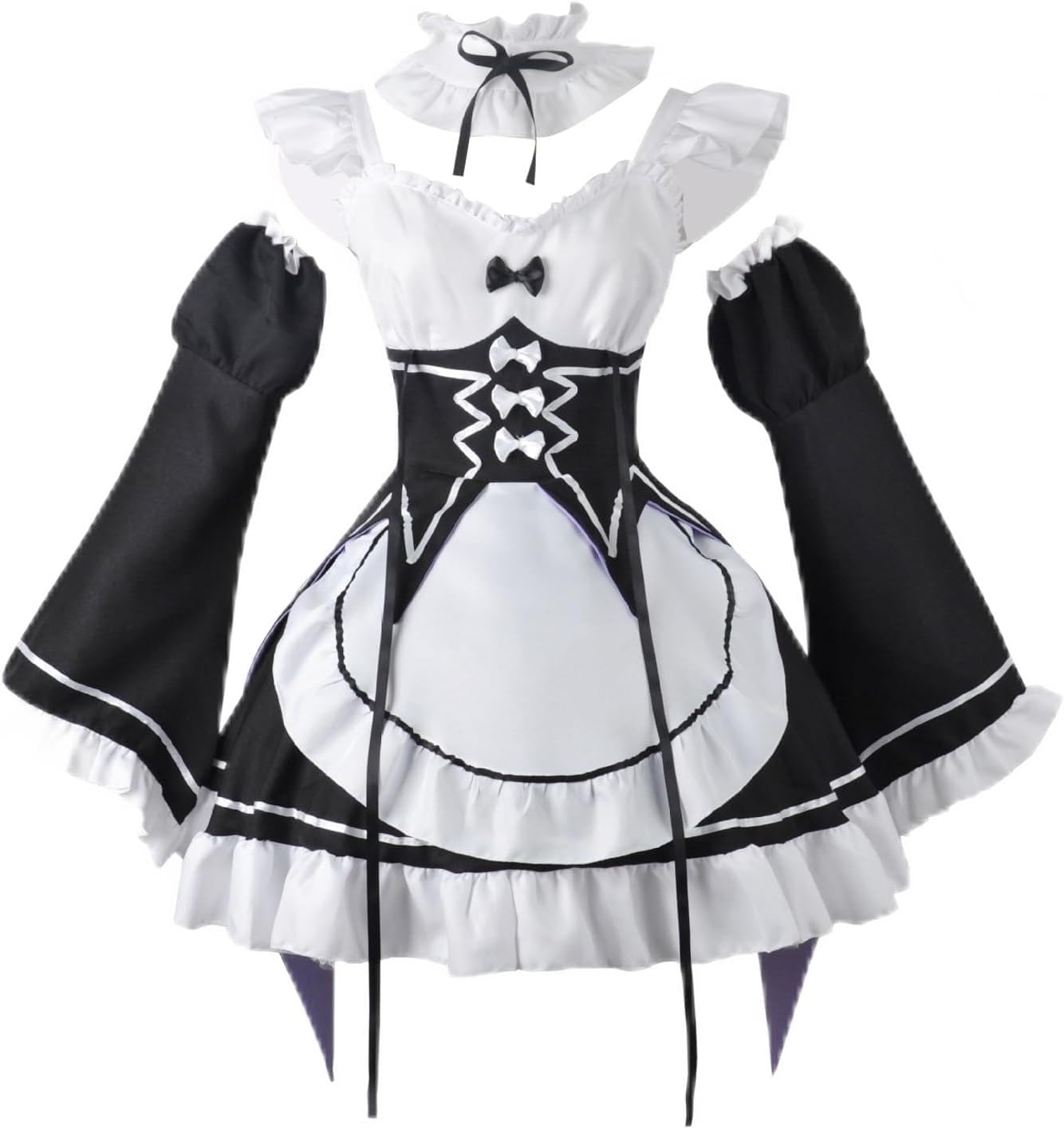 Women Black White Maid Lolita Cosplay Dress Set with Wig Headwear for Halloween Party Role Play