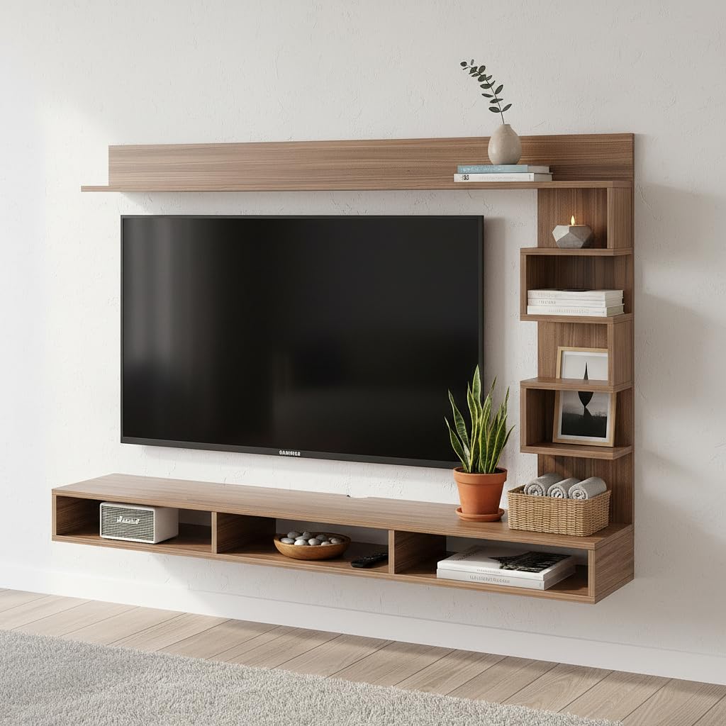 DT Engineering Wood Wall Mount TV Entertainment Unit Set Top Box Stand/TV Cabinet Showcase with Shelves for Books & Decor Display Unit, Ideal for 55 Inch TV (Exotic Teak)-image-43