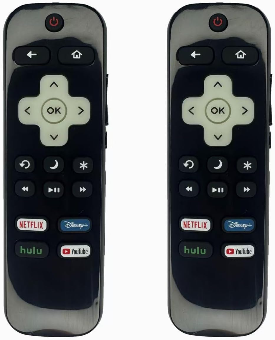 Front view of two BESIA remote controls, highlighting the power, navigation, and app shortcut buttons.