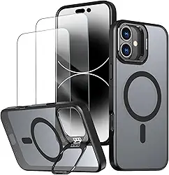 Capa magnética para iPhone 17 Capinha - Inclui 2 protetores de tela [Suporte para celular] [Compatível com carregamento sem fio] Case Skin-touch para iPhone 17 - Preto