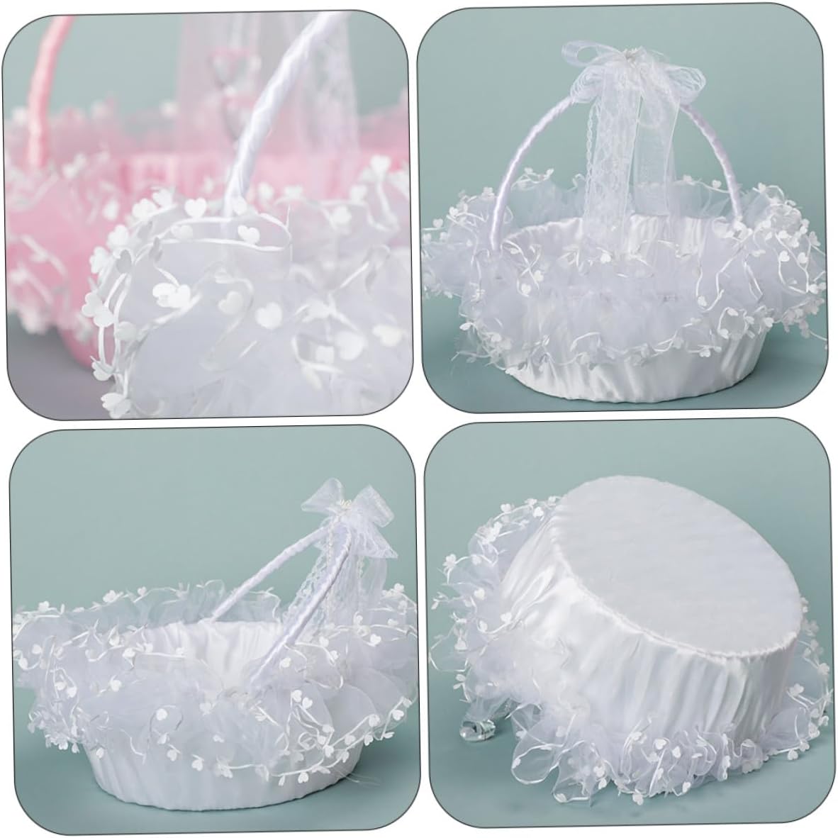 Lace Wedding Flower Basket with White Heart-shaped Design and Removable Handle, Handheld Flower Girl Basket for Wedding Ceremony Supplies