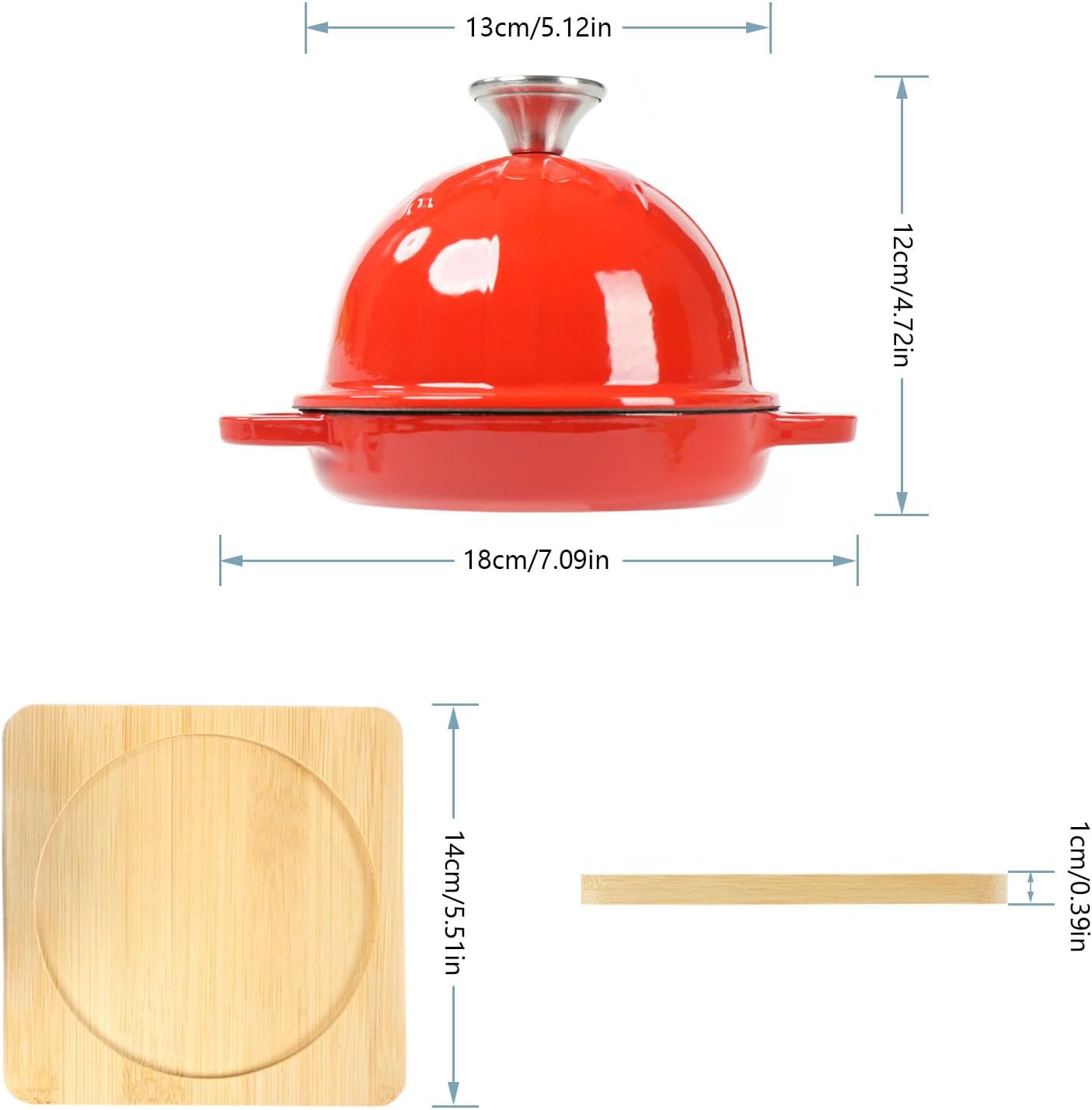 HAWOK Enameled Cast Iron Garlic Roaster with Bamboo Tray, 5-Inch, BBQ Grill Garlic Baker, Mini Cocotte, Set of 2, Red