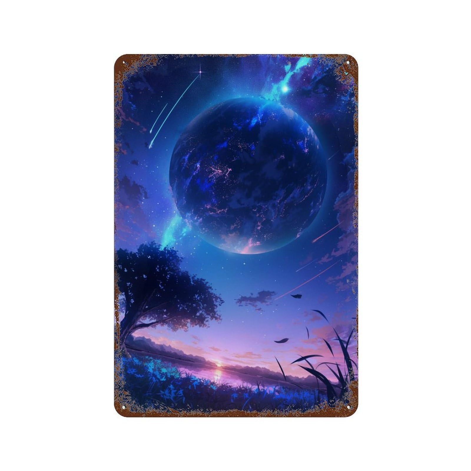Garage Style Galactic Serenity Landscape Rusty Metal Tin Sign 11.8"x7.9", Decorative Metal Wall Art for Bar And Workshop