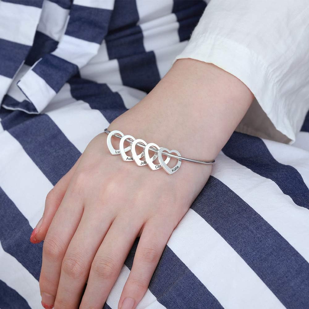 Getname Necklace Personalized Silver Bracelet Bangle with Heart Pendants - Custom Multiple Pendant Jewelry