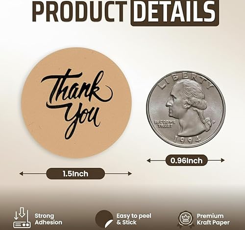 Miniatura 2 de Calcomanías de agradecimiento Kraft de 1.5 pulgadas, 500 calcomanías de agradecimiento para pequeñas empresas, calcomanías autoadhesivas y duraderas