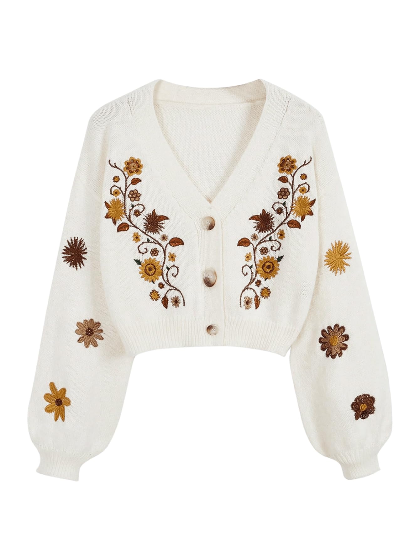 Womens Floral Boho Cardigan Sweater Cottagecore Cropped Cardigan Western Embroidery Button Down Sweates Knit Top