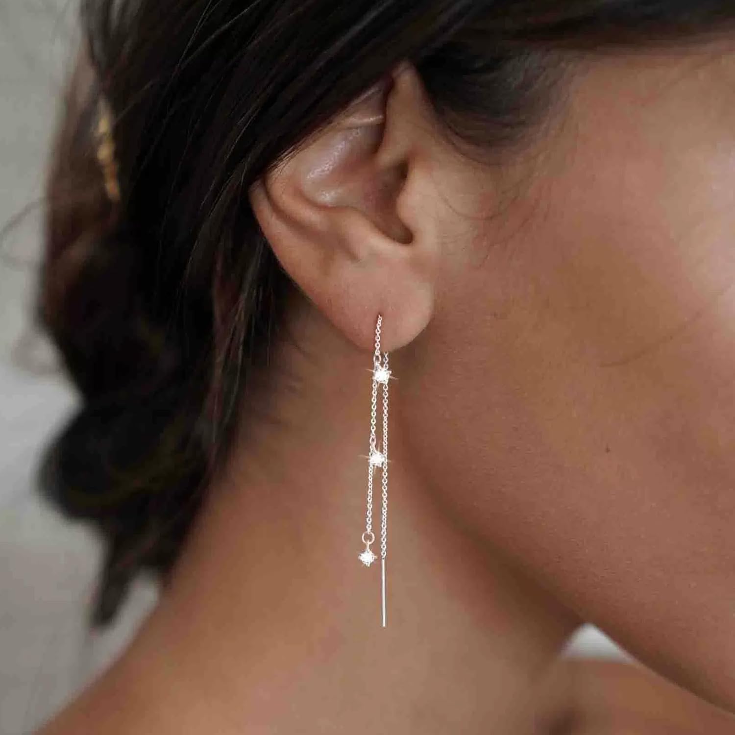 Gold Threader Earrings for Women Elegant Long Chain Drop Dangle Earrings Hypoallergenic Dangling Rhinestones Jewelry Accessories for Brides Wedding Birthday Gift for Women - Image 3