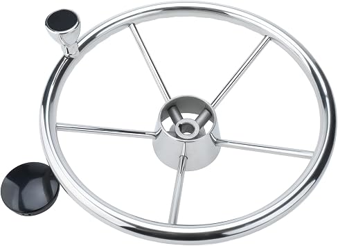 NovelBee 13-1/2 Inch Stainless Steel Boat Steering Wheel,5 Spoke Destroyer Style Marine Steering Wheel with Control Knob and Plastic Center Cap