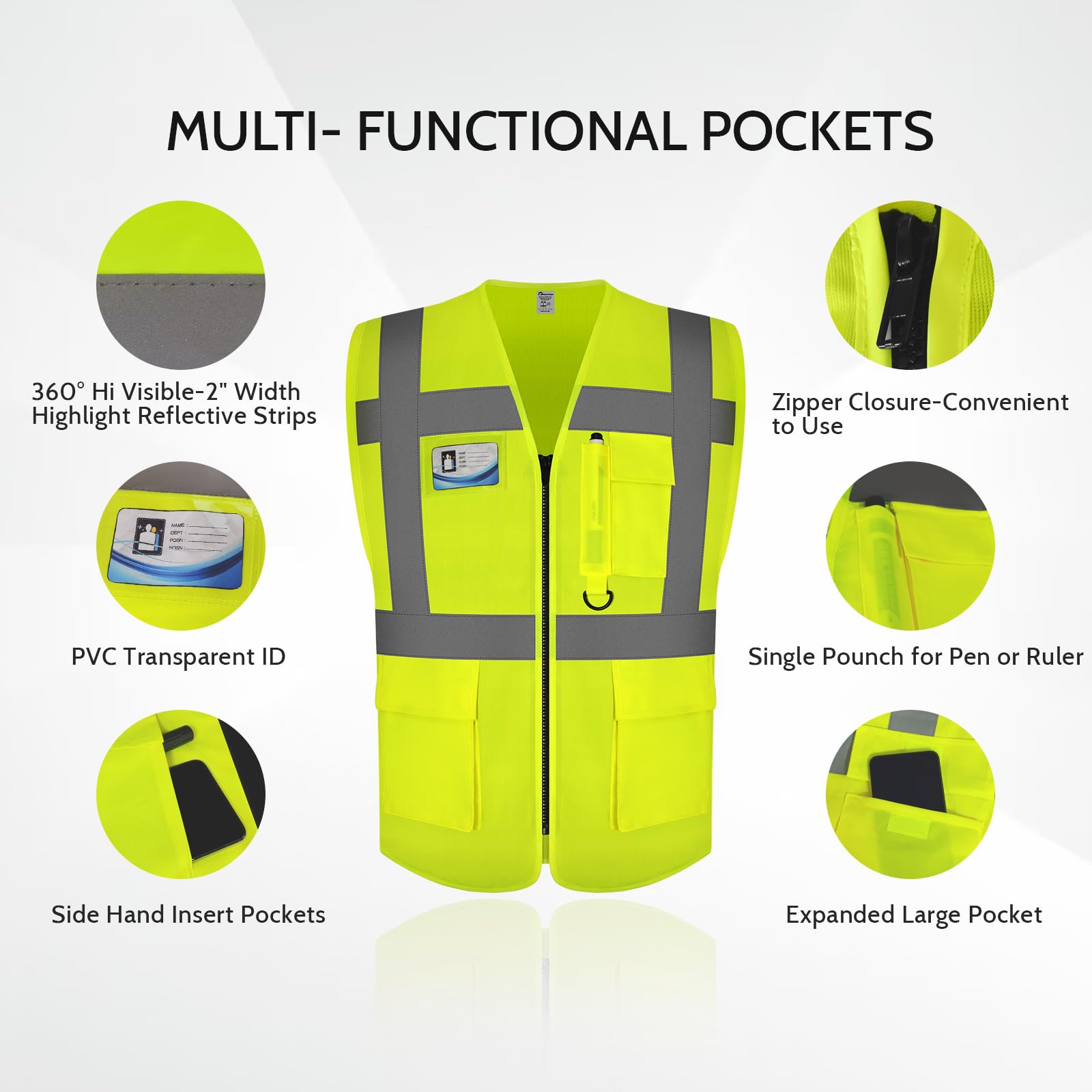 Hi Vis Vests for Men Women 9 Pockets High Visibility Safety Vest.