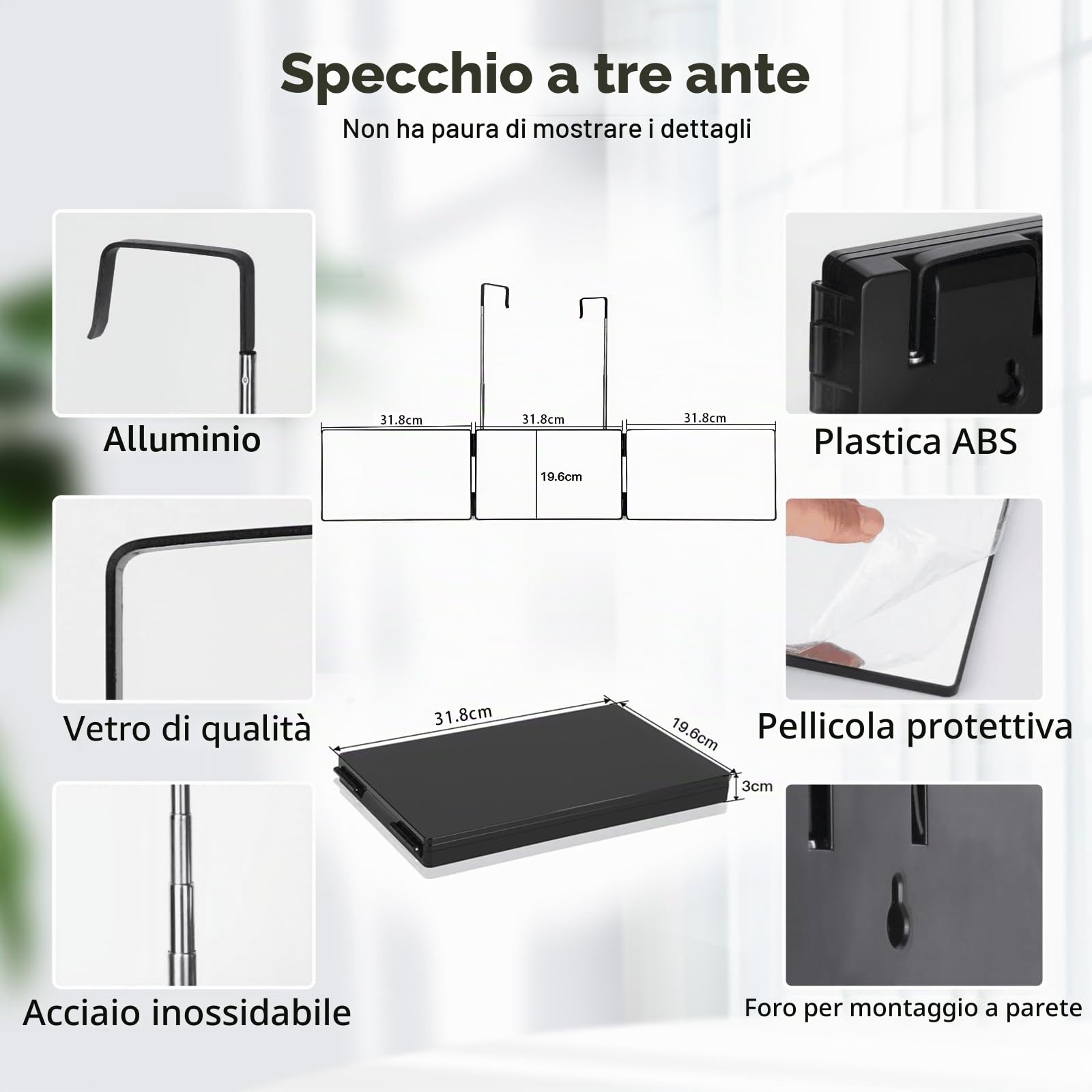 Specchio Da Taglio A 360 Gradi - Altezza Regolabile Con Ganci - Pieghevole A 3 Lati, Da Barbiere e Parrucchiere Per Uomo, Per Tagliare Capelli e Barba