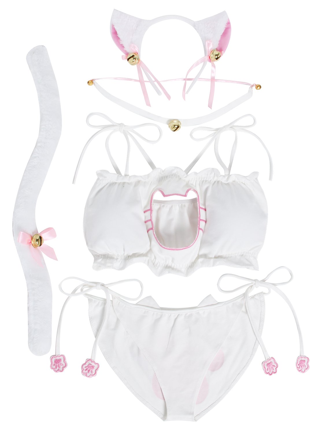 JustinCostume Women's Cosplay Lingerie Set Kitten Keyhole Cute Sexy Outfit: Small White
