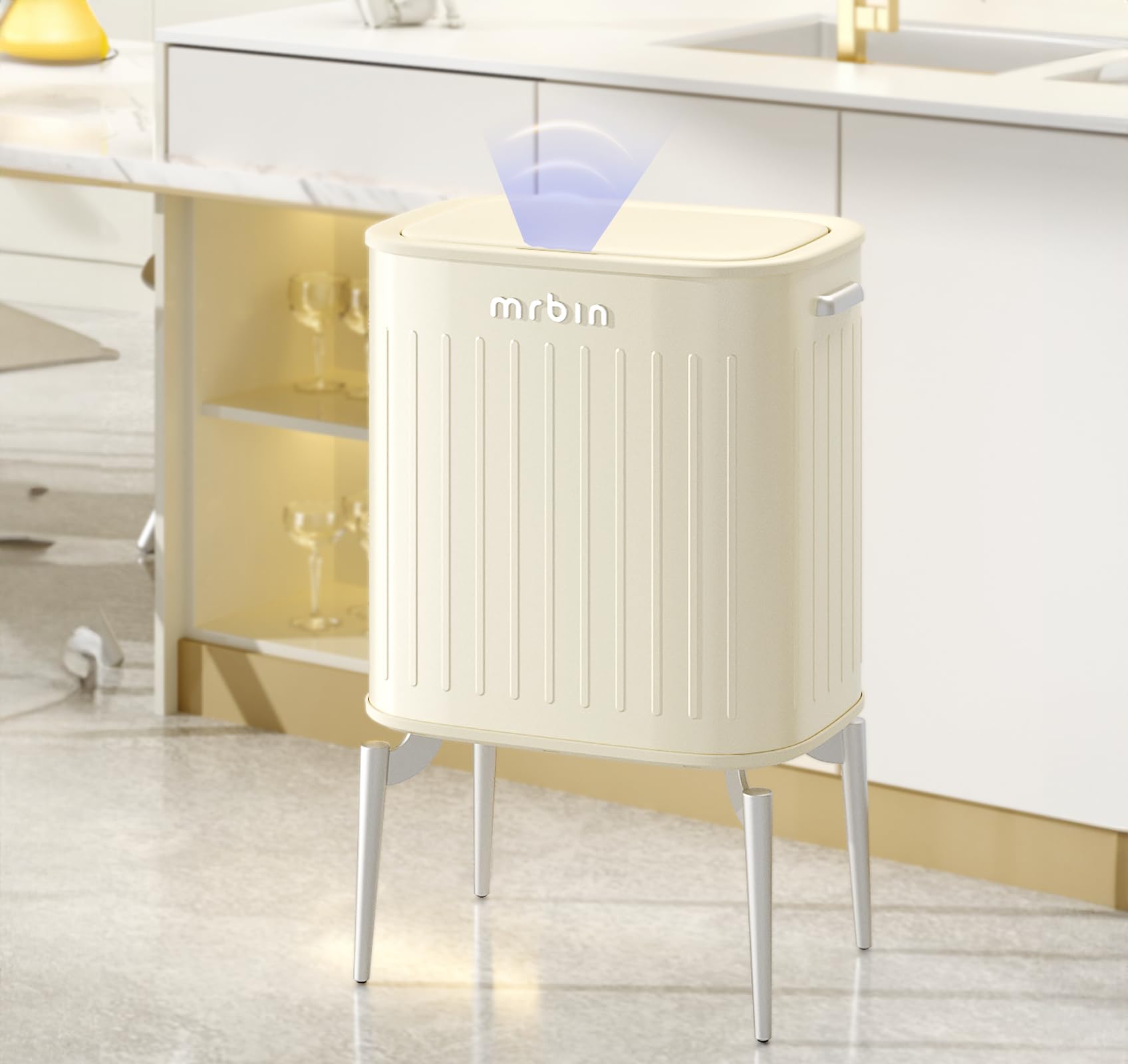 Tall Metal Motion Sensor Kitchen Trash Can, 36L / 9.5gal Pet Proof Slim Automatic Waste Basket Touchless, Medium Smart Garbage Pail with High Legs for Vanity, Bedroom, Bathroom, White