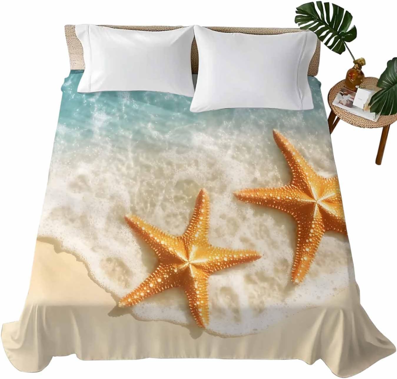 King Flat Sheet Top Sheet Only, Summer Beach Scene Starfish Ocean Soft Microfiber Breathable Bed Sheets, Water Ripple Sea Waves Hotel Luxury Bedding Flat Sheets