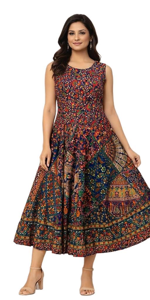 Women's Anarkali Cotton Dress, Multicolour, Sleeveless, Ethnic Floral Print, Flared Midi-image-27