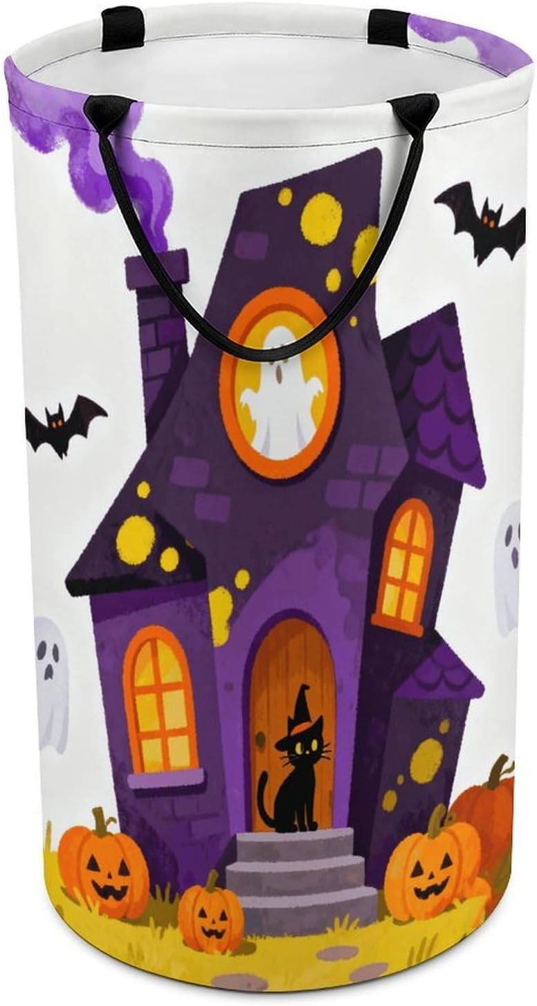 Haunted Mansion Laundry Hamper with Handles Waterproof Collapsible Laundry Basket Large Lightweight Round Dirty Clothes Hamper for Home Dorm Bathroom Decor