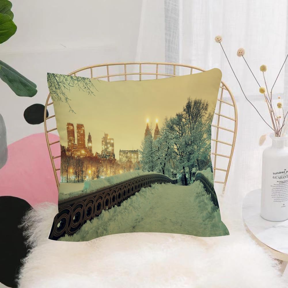 HYMSXW Cushion Cover,Throw Pillow Case Home Decorative for Living Room Bedroom Sofa Chair 20X20 Inch,Winter,Central Park Winter Season with Skyscrapers and Snow Bow Bridge Manhatta,Pillowcase 50X50cm