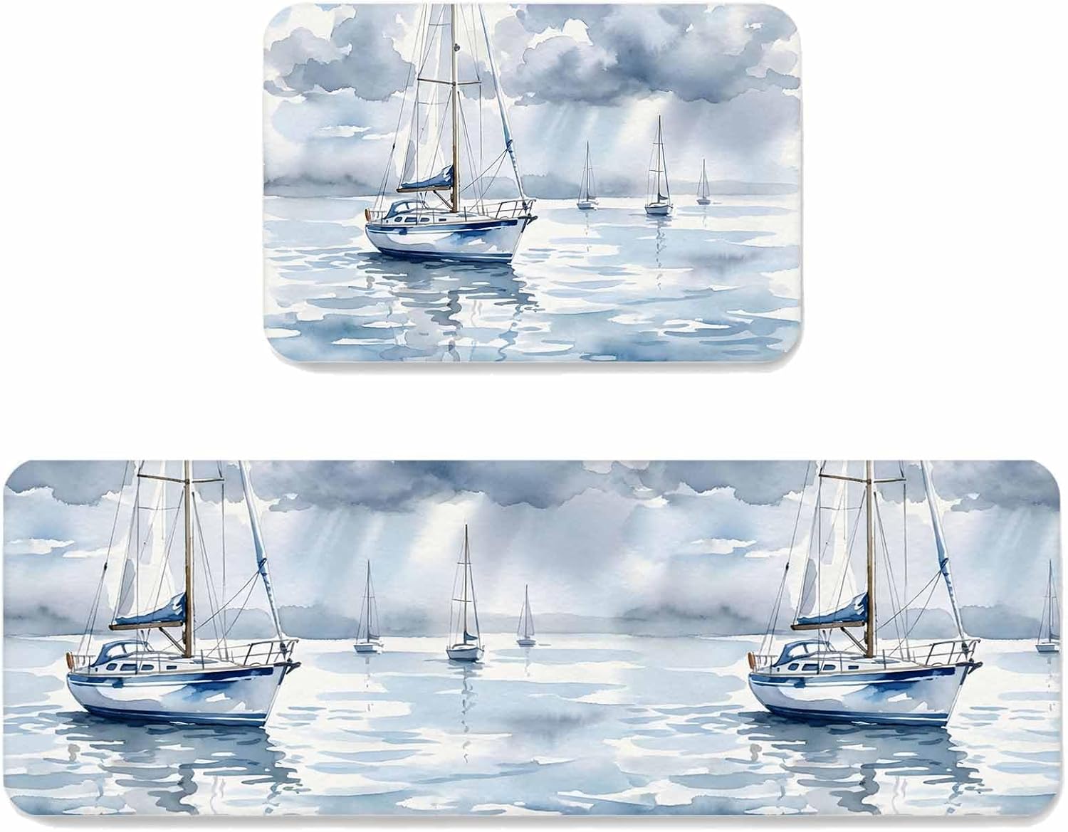 Prime Leader Blue and Grey Seascape Kitchen Mat Set 2 Pieces Ocean Sailboat Wave Cloud Sky Watercolor Non Slip Kitchen Rugs Washable Runner Rug Mats for Sink Laundry (15.7" x 23.6"+15.7" x 47.2")