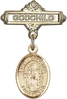 Gold Filled Baby Badge with St. Christina The Astonishing Charm and Godchild Badge Pin 1 X 5/8 inches