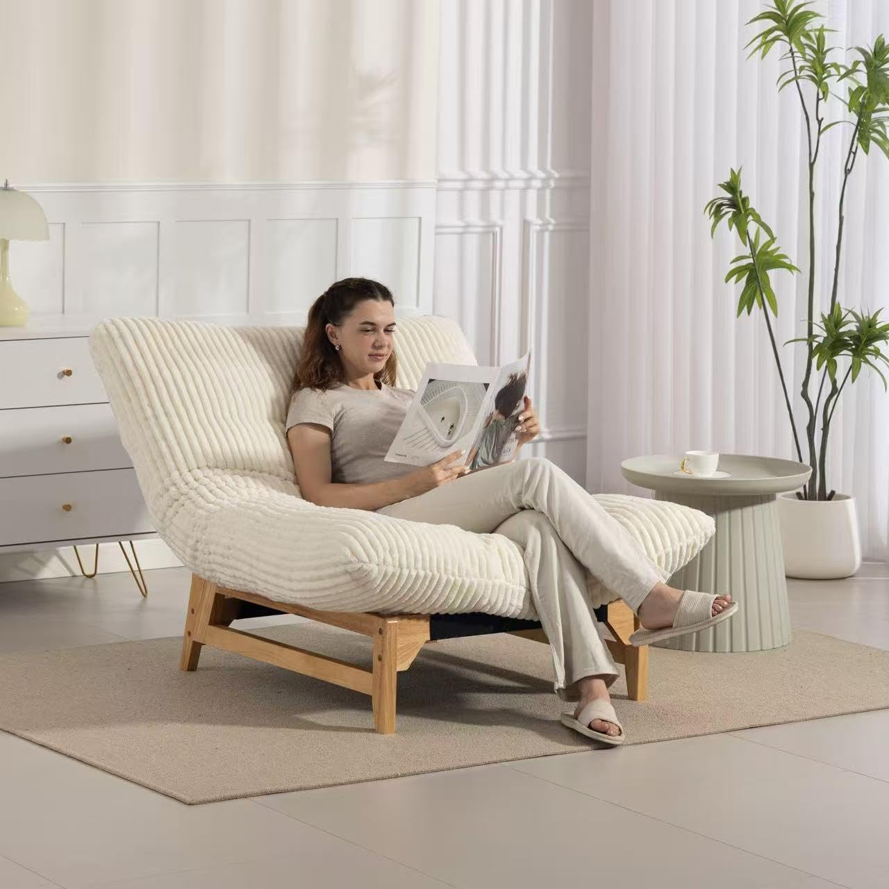 Cord Sitzsack Sofa mit Holzrahmen für Erwachsene, Groß Cloud Bean Bag mit Füllung, Bequemer Lesesessel für Wohnzimmer Schlafzimmer, XXL Sitzsack Sessel, 110cm, Beige