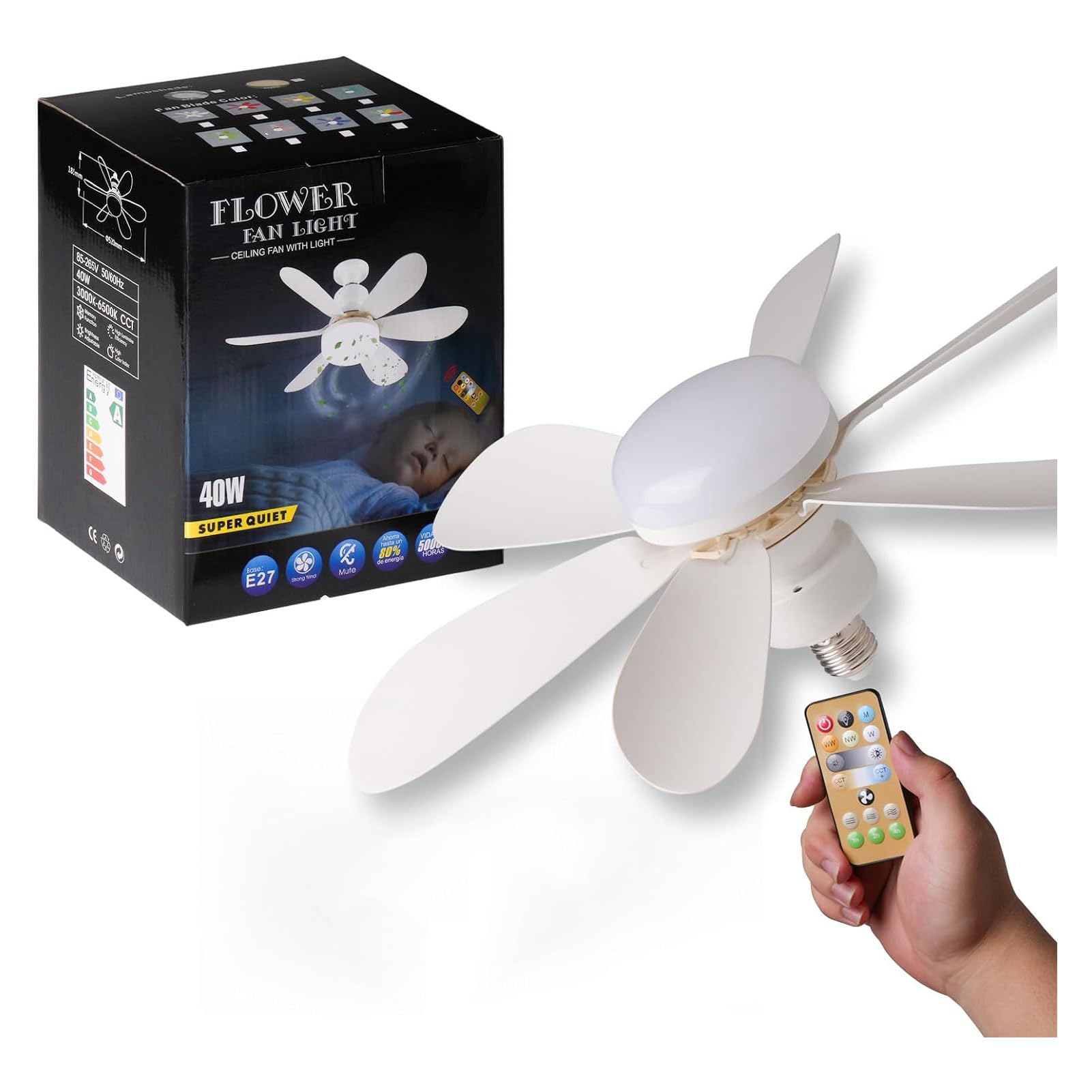Socket Fan Ceiling Fan with Light and Remote, 20.5" E27 Noiseless Ceiling Fans Dimmable Led Lights, Small Light Bulb/Ceiling Fan for Bedroom, Kitchen, Living Room, Balcony