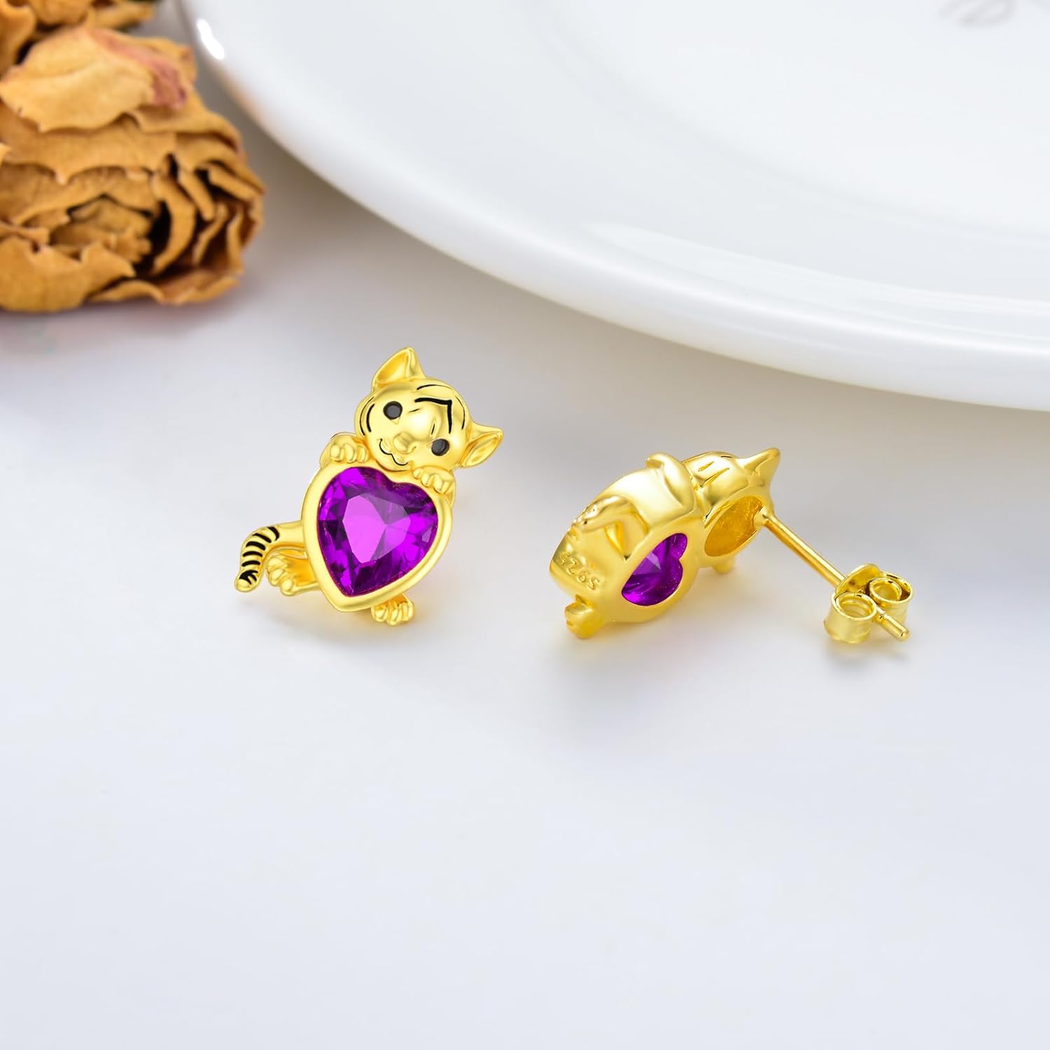 LONAGO Tiger Earrings for Women 925 Sterling Silver Tiger Holding Heart Cut Birthstone Stud Earrings - Image 4