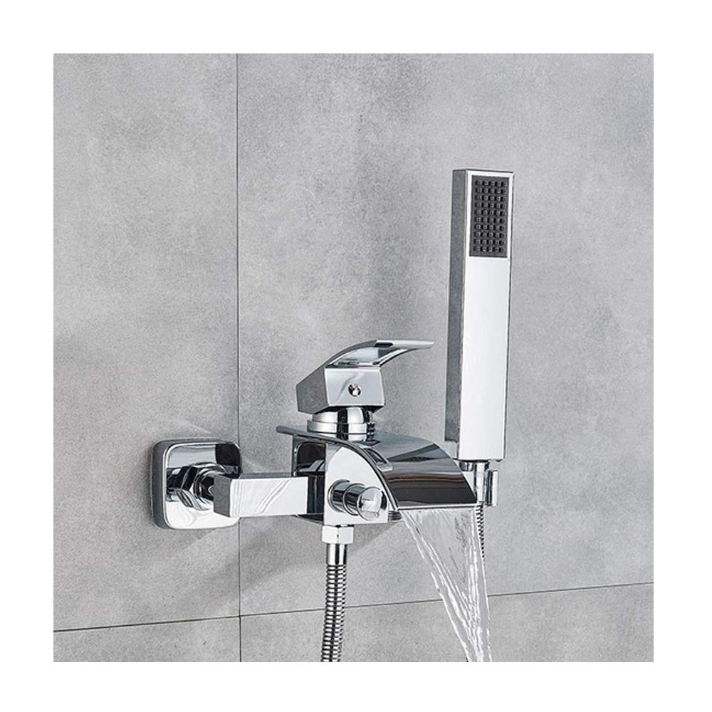 Grifo de bañera cascada de pared cromado con ducha de mano en latón macizo