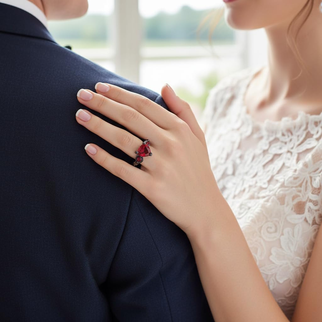 Paar Ringe mit Gravur Eheringe Partnerringe Verlobungsringe für Frauen Wolfram Herren Schwarz Rot Zirkonia Ring Personalisierter Wolfram Ring Größe 49-70