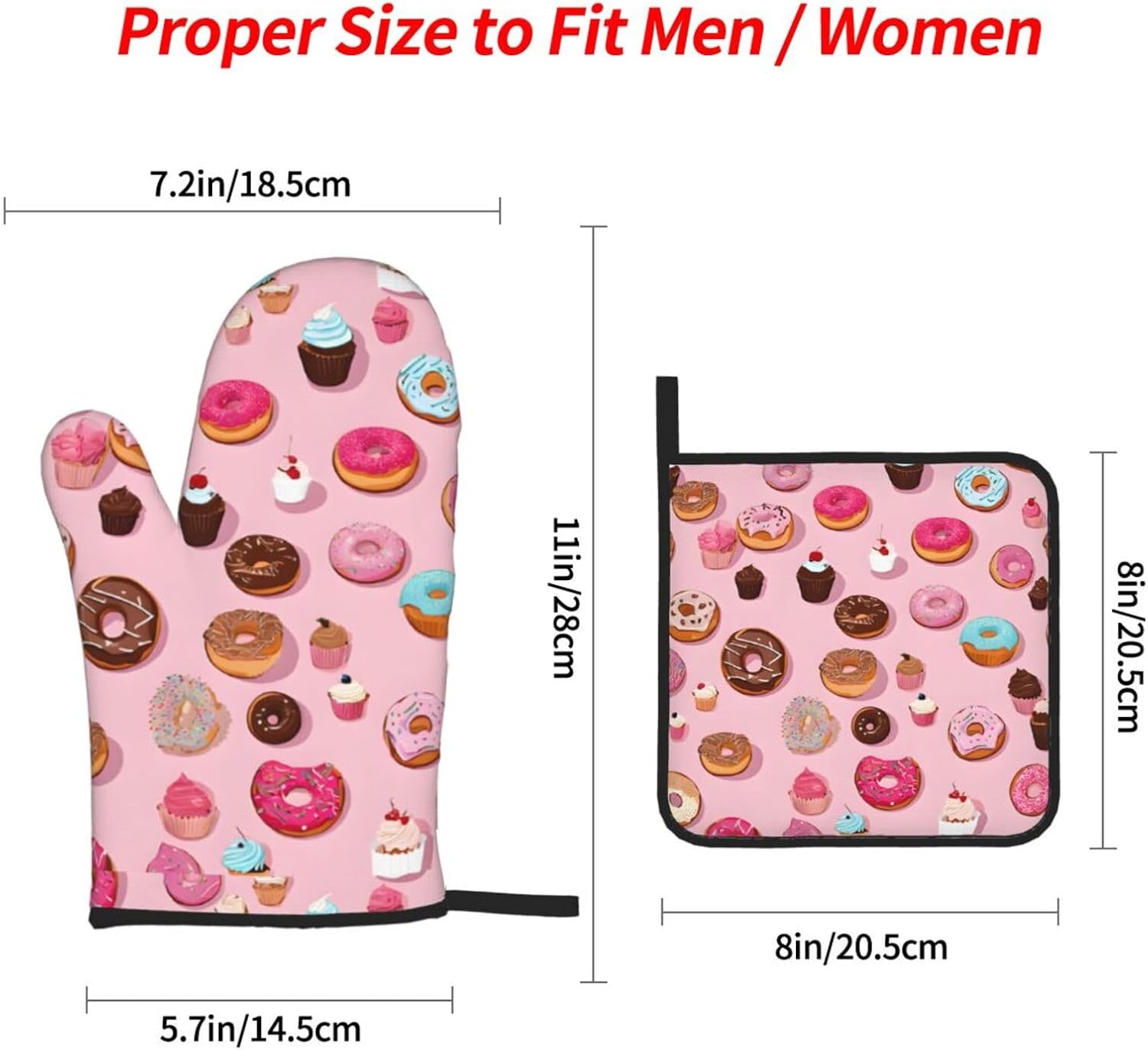 (Cupcakes Donuts Muffins Sugar) Baking 4-Piece Set: 2 Oven Mitts and 2 Pot Holders Heat Resistant Waterproof Hanging Loop for Kitchen Oven Grill Housewarming Gifts