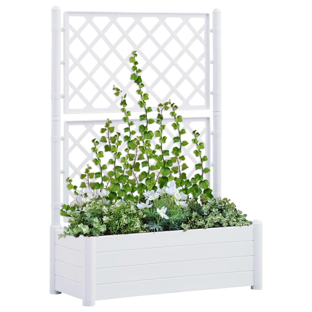 GeoHome Garden Trellis Planter | Plastic Garden Raised Bed with Trellis | Patio Planter Box for Backyard Yard Outdoor Vine Climbing Plants Flowers | White Polypropylene 39.4