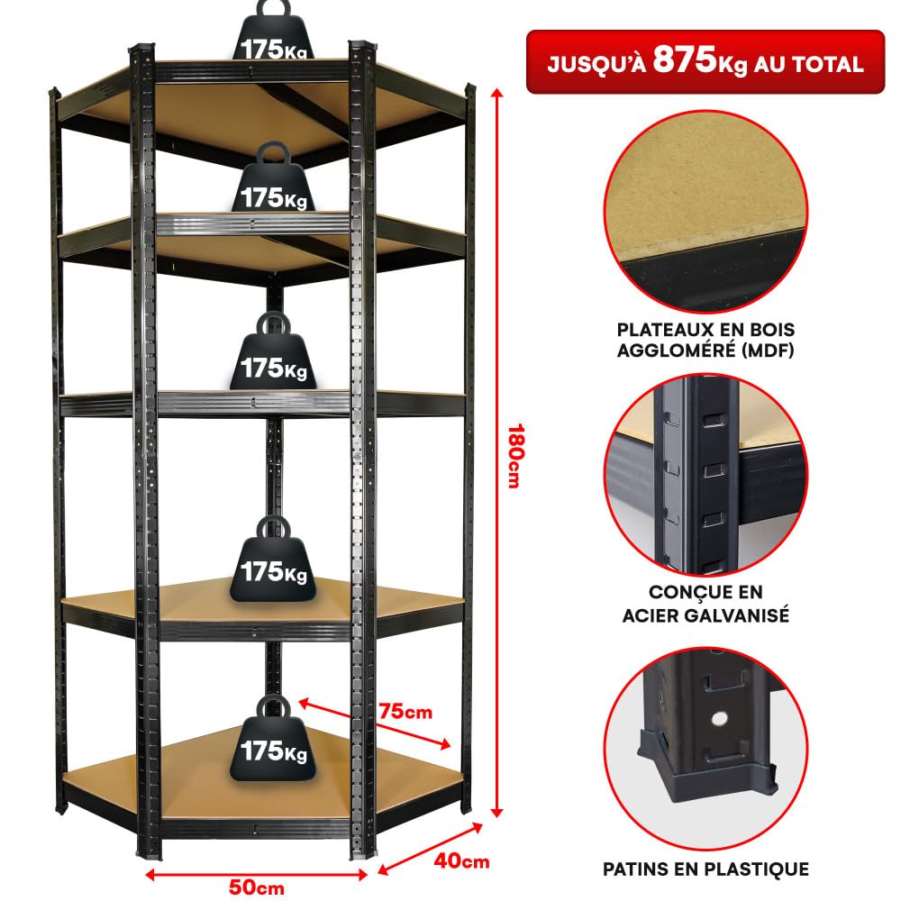 Étagère d'angle noire charges lourdes - en métal 5 plateaux - 875 Kg - 180x75x40cm - Étagère de coin - Garage atelier cave