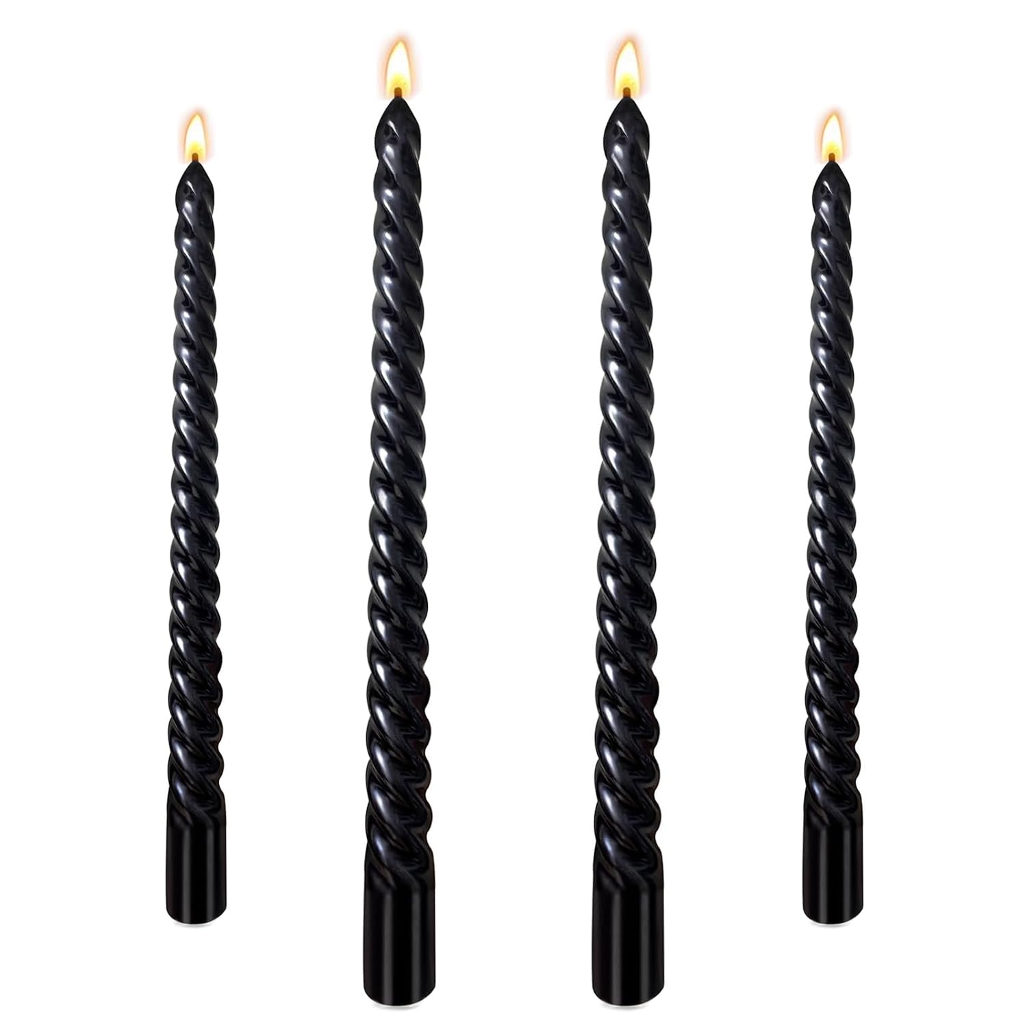 Black Candles, 10 Inch Metallic Black Taper Candles, Pack of 4 Dripless Tall Twisted Candle, Unscented Dinner Candle for Candlesticks Wedding Christmas Birthday Party Decoration