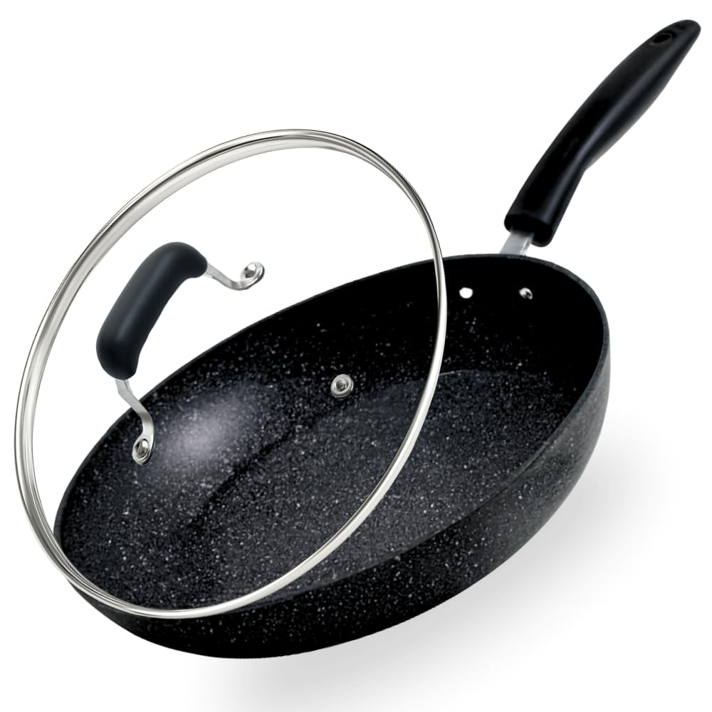GonZalo GraCia. Non Stick Frying Pan with Lid 24 cm | Black Granite Coating for All Hobs Induction, Gas & Electric | Easy to Clean, Healthy Cooking | Heat Resistant & Cool-Touch Handle (24cm Granite)