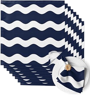 Cloth Napkins Set of 8, 20x20 Inches Summer Nautical Wave Stripe Pattern Navy Blue Washable Reusable Polyester Dinner Napkins for Holiday Parties Weddings Banquet Events,