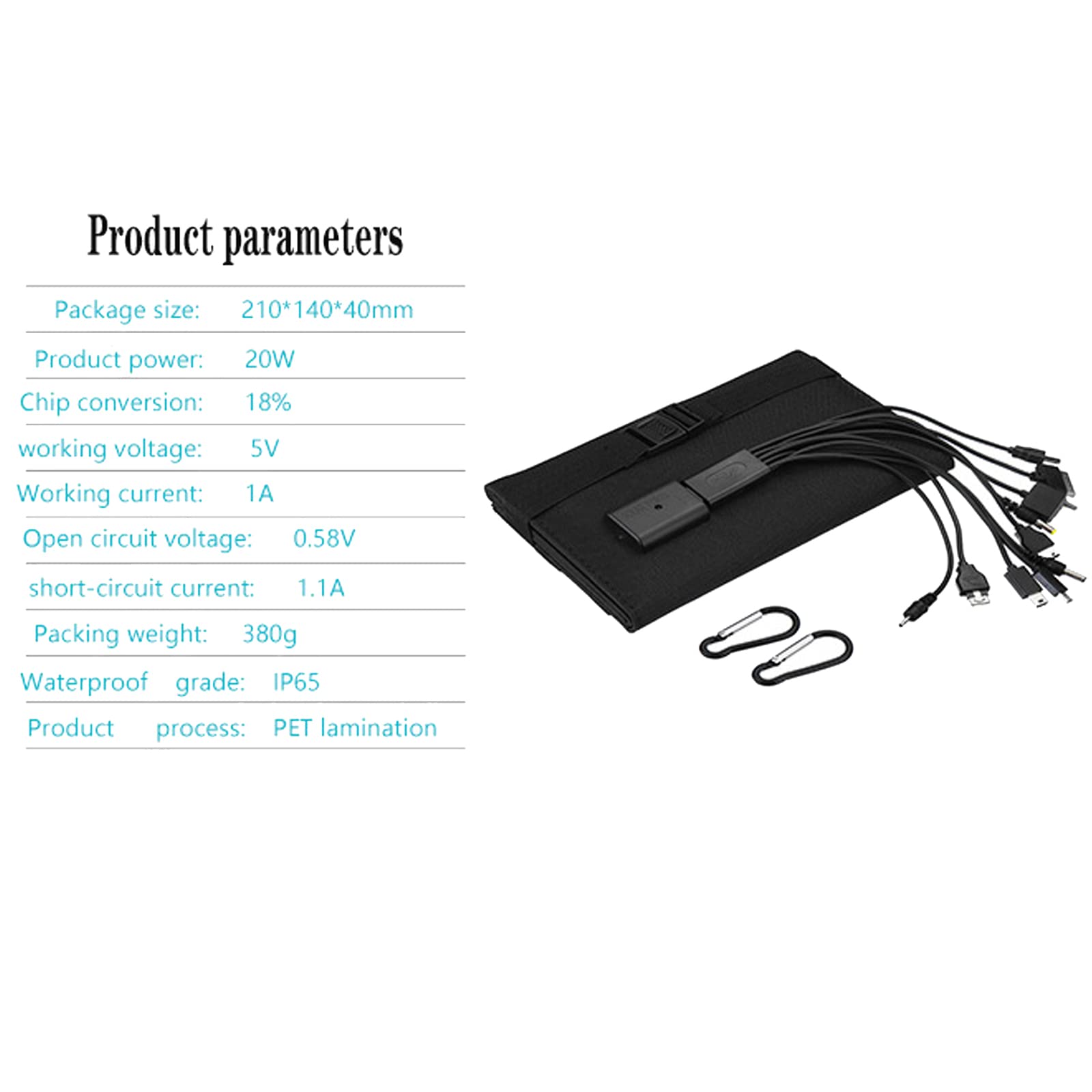 Caricabatterie Solare Esterno, Caricabatterie Solare 20W, Borsa Pieghevole Solare 4 ad Alto Tasso di Conversione con Uscita USB Caricatore da Viaggio Pieghevole Impermeabile da Campeggio,Nero,1pz