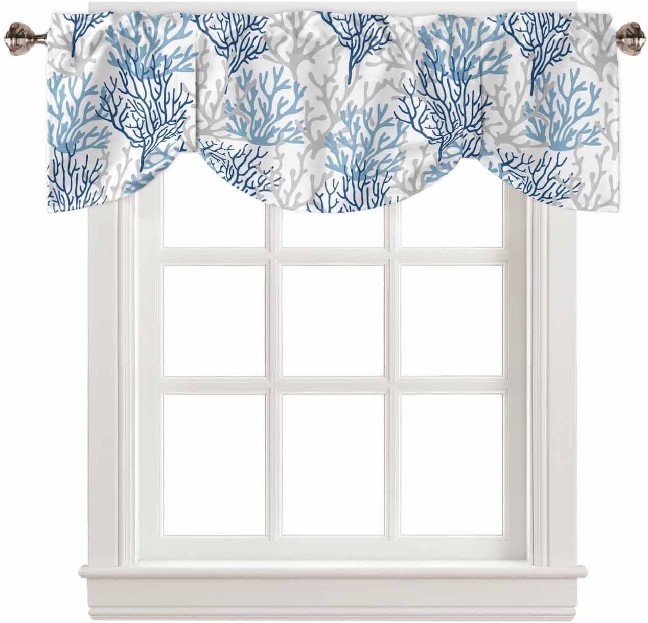 Navy Blue Coral Coastal Tie Up Valance for Window, Adjustable Balloon Window Shade Valance Curtain for Kitchen Cafe Bathroom Window Treatment 1 Panel 60x18 Summer Beach Seaside Nautical