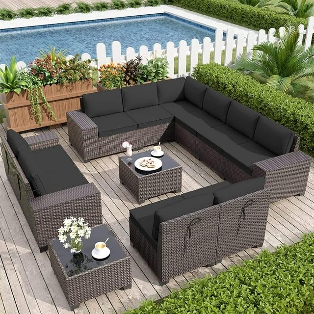 OMCCO 10 Seater Patio Furniture Sets, Modular Rattan Outdoor Patio Sectional Furniture Sofa Set, Wicker Patio Conversation...