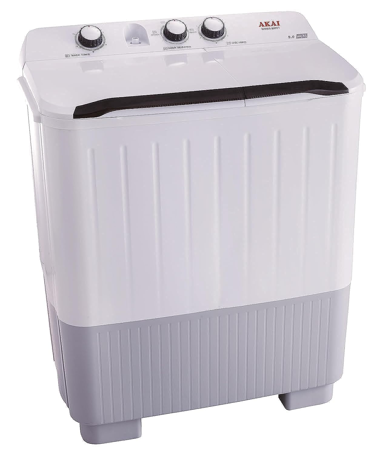 AKAI 9kg Twin-Tub Semi-Automatic Washing Machine, Powerful Pulsator, Energy Efficient, Easy Wash Timer, Spin Timer, 73WX 47DX97H in Cms,White WMMA-X09TT