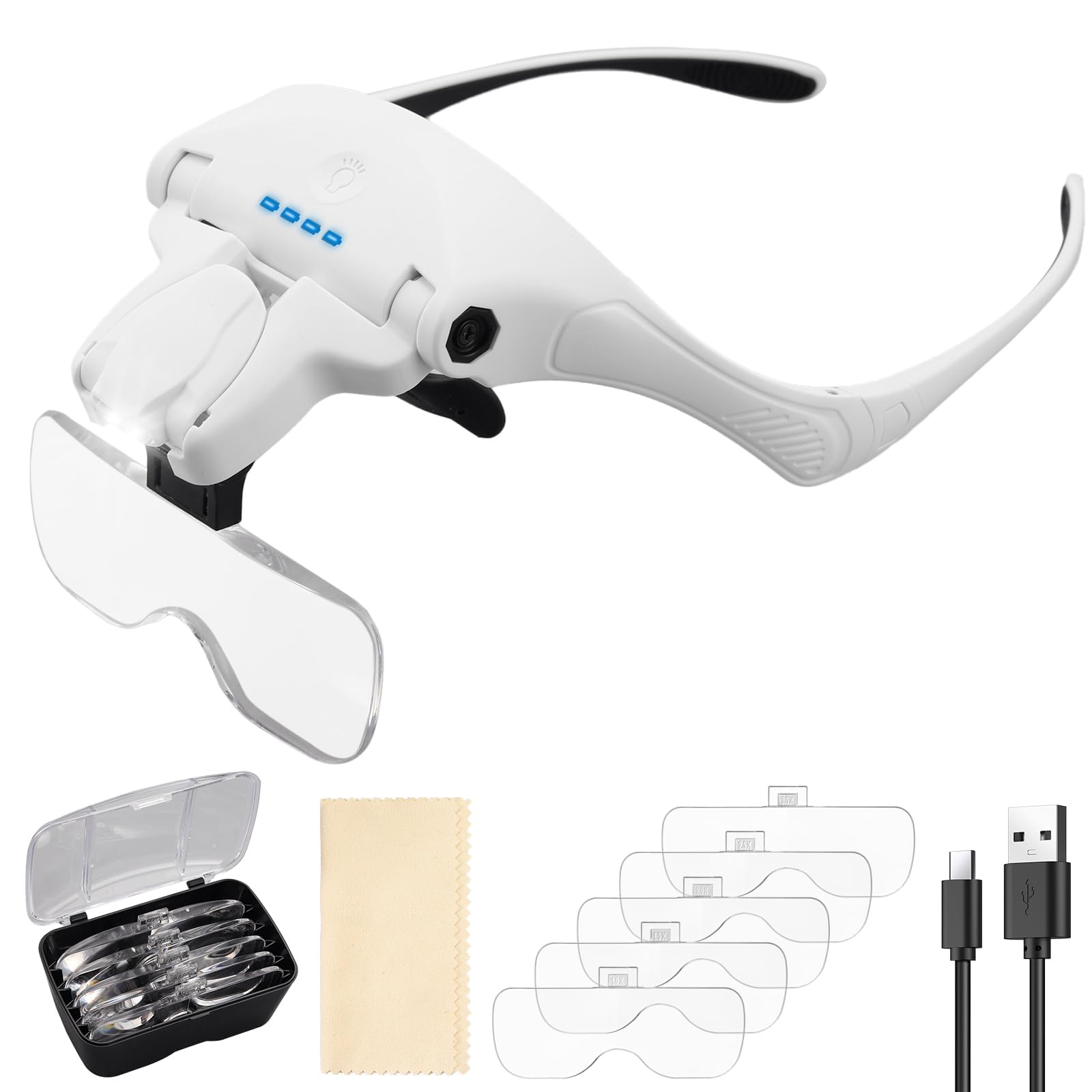 VINTEAM Headband Magnifier with 5 Lenses (1X-3.5X), Rechargeable Magnifying Glasses with Light, 3 Brightness Levels