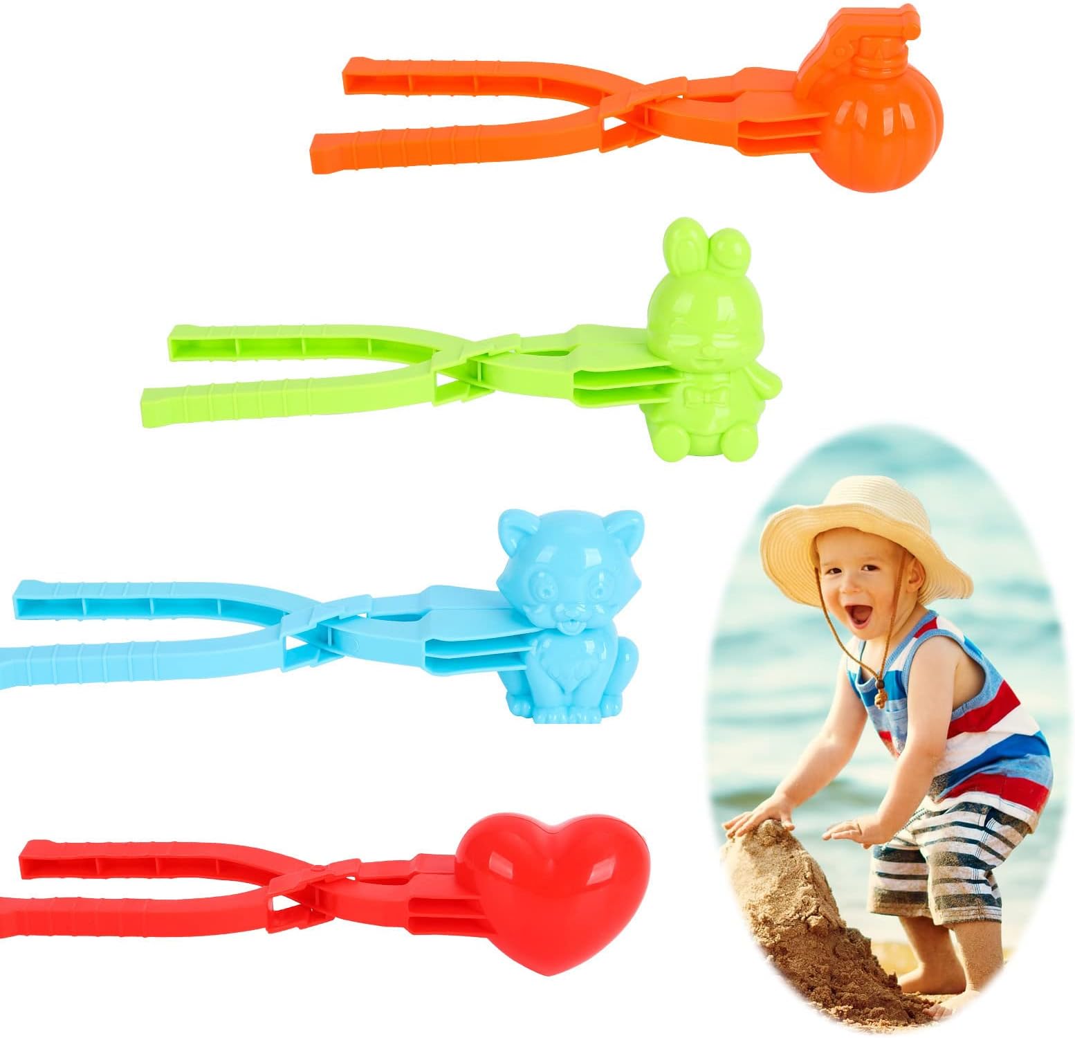 Jodsen 4Pcs Sand Clay Mold Tools, Sand Ball Mold Clips in Cat Rabbit Heart Grenade-shaped Outdoor Beach Sand Clay Mini Mould Toys Snowball Fight Clamps for Kids Beach Activities, Snow Toys, (20cm)