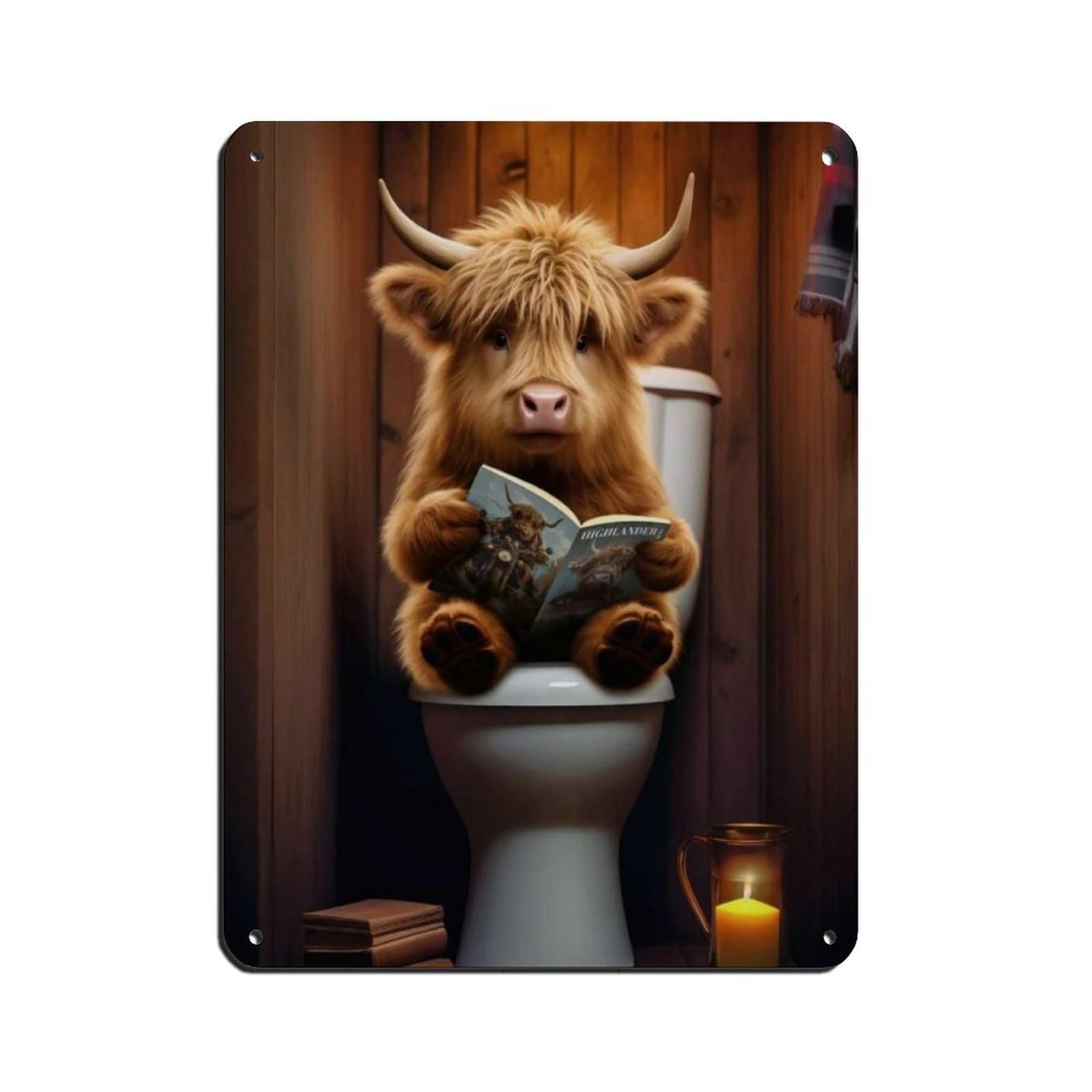 Baby Highland Cow on The Toilet Tin Sign Vintage Metal Pub Club Cafe Bar Home Wall Art Decoration Poster Retro 12x16inch(30x40cm)