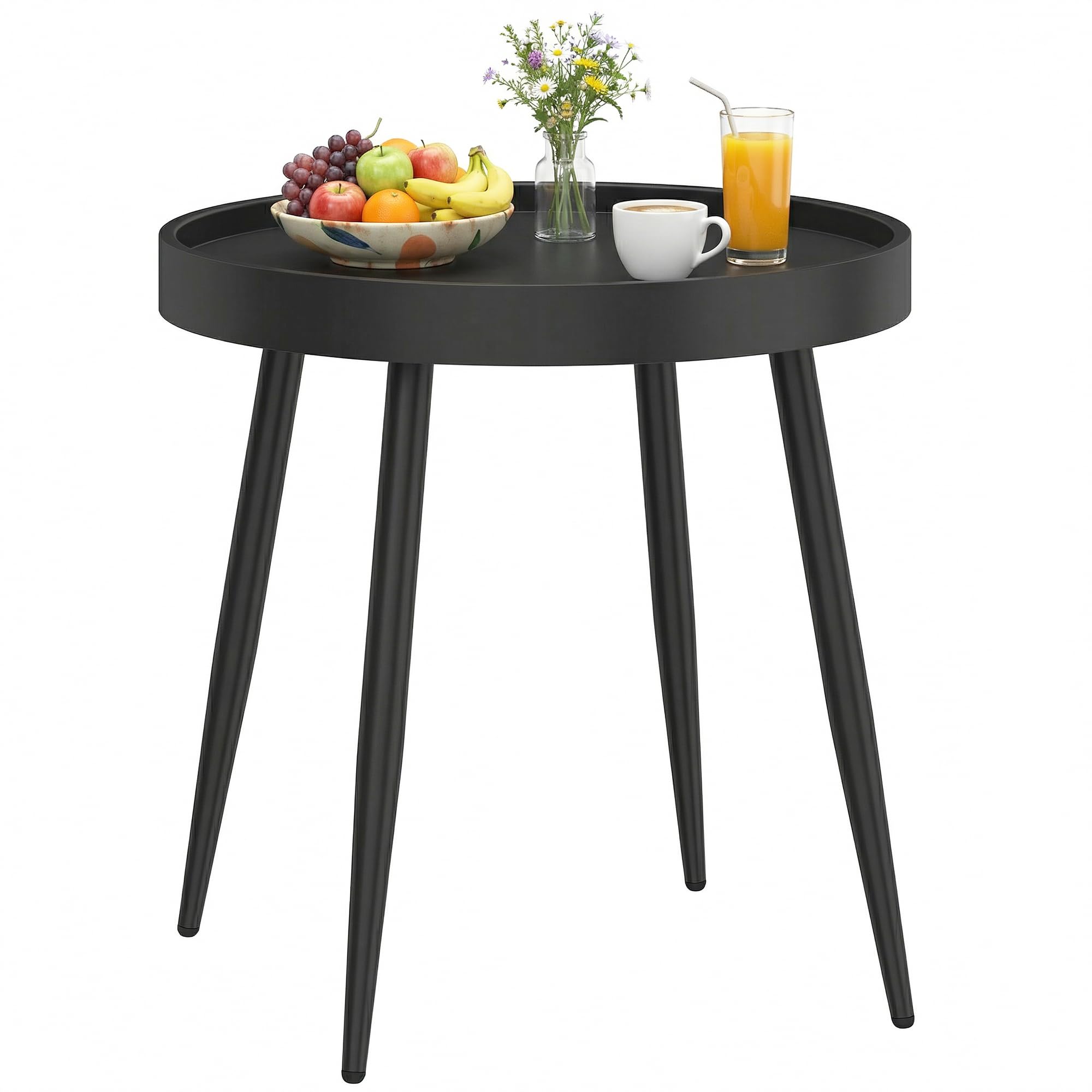 Outsunny 49.5 cm Round Garden Table, Small Outdoor Coffee Side Table with Plastic Tray-Style Top, Metal Legs, Garden Tables for Indoor, Patio, Porch, Balcony, Black
