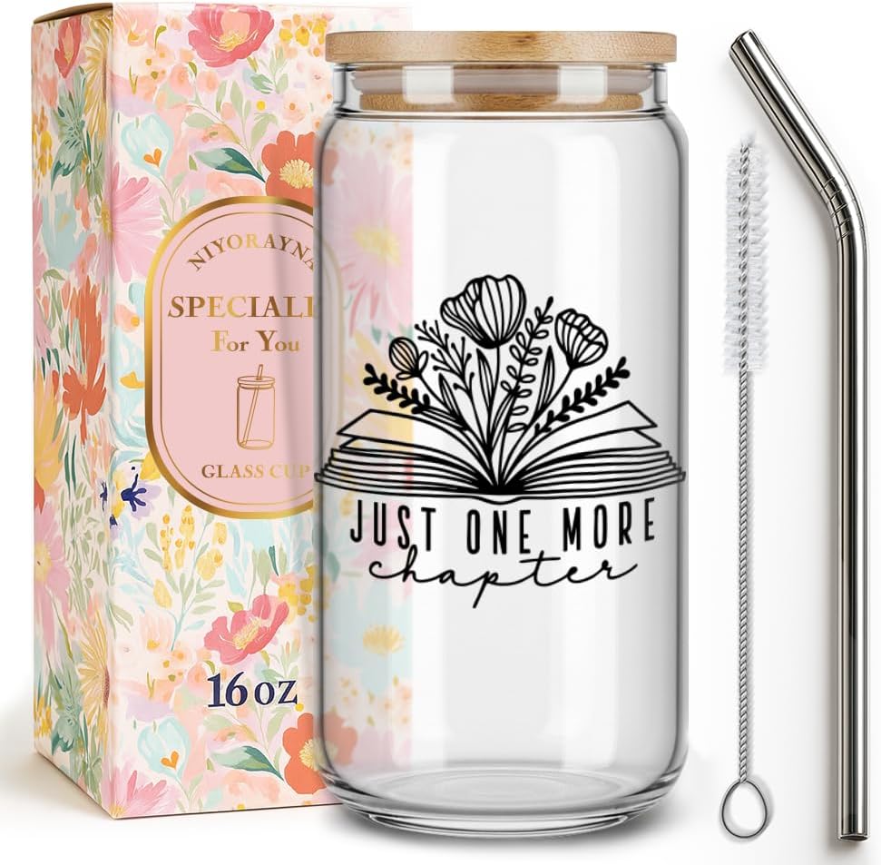 Cute Book Lover Cup Gifts for Women,Sister,Daughter,Friends, Bookclub Gifts ,Bookish Gift for Her on Birthday,Christmas,Just One More Chapter Coffee Drinking Glass Cup with Lid and Straw -139