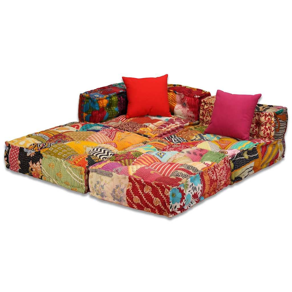 3-osobowa, modułowa pufa, patchwork, bawełna, 200 x 70 x 58 cm, z 3 poduszkami, do wszechstronnego łączenia, do salonu, na taras, do biura, ogrodu, ergonomiczna i antypoślizgowa